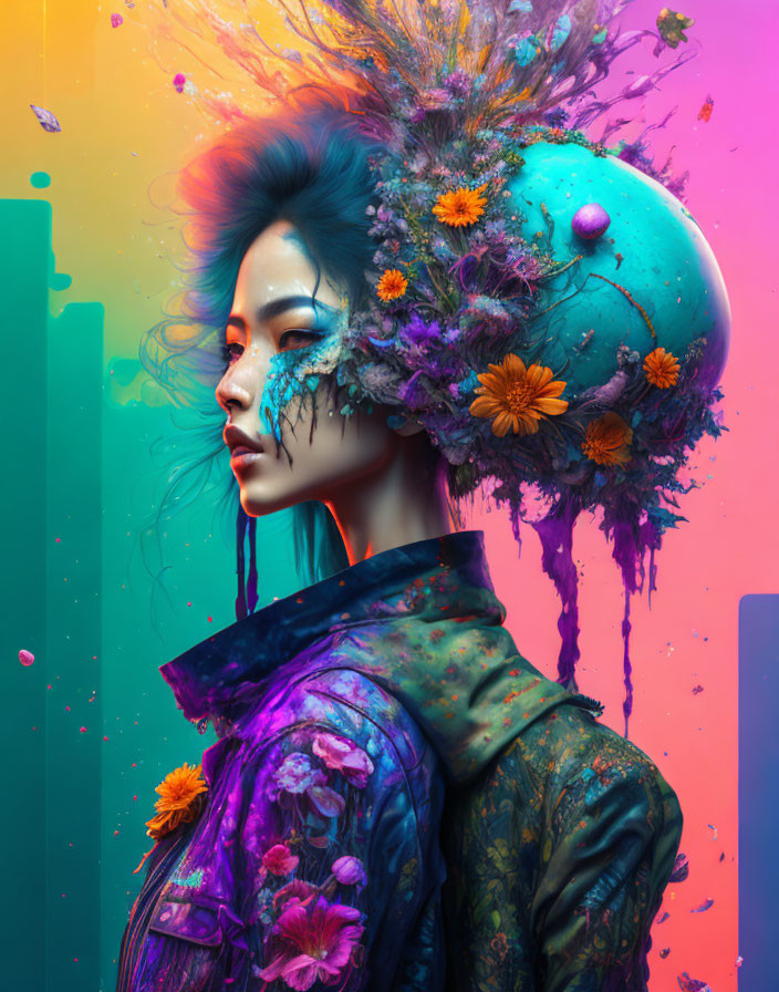 Colorful Woman Portrait with Floral Headdress: Nature and Cosmic Fusion