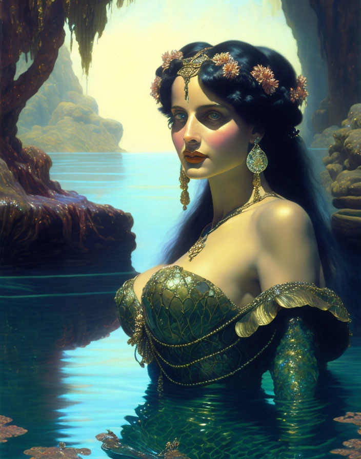 Mermaid painting: Dark-haired mermaid with golden tiara and earrings by tranquil sea cave