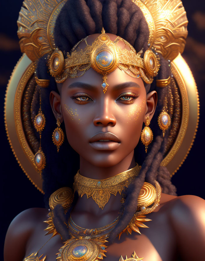 Regal woman in golden jewelry and headpiece on warm background