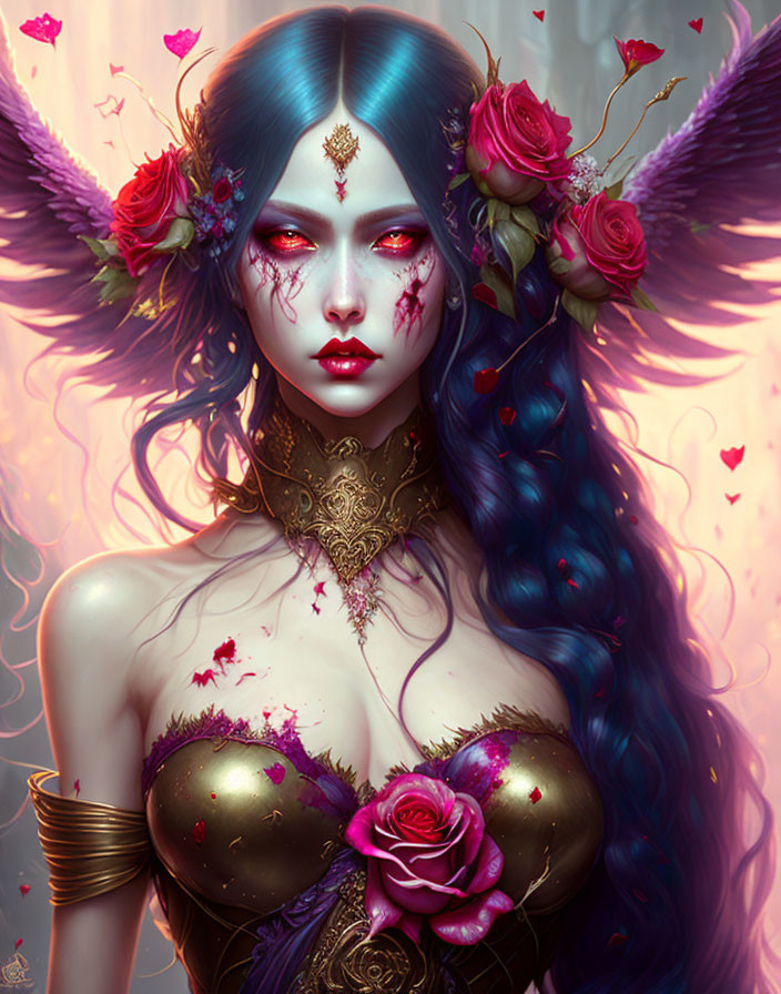 Colorful female figure with butterfly wings, blue hair, gold and rose adornments, and intricate tattoos