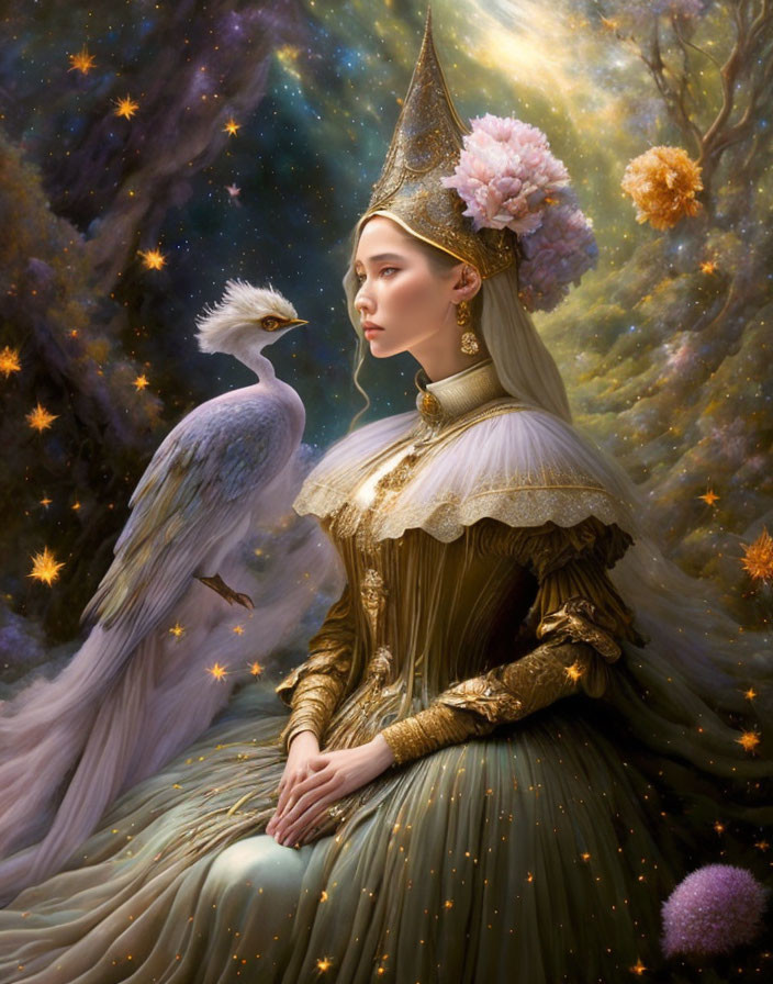 Detailed golden gown and headdress on elegant woman beside white peacock under starlit sky.