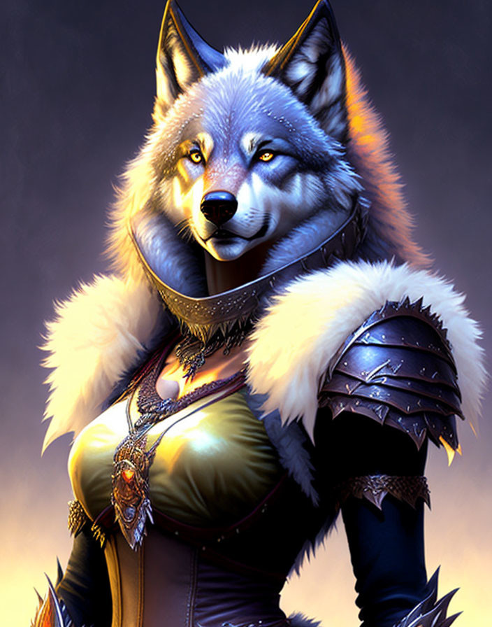 Anthropomorphic wolf character in medieval armor with blue eyes and fur.