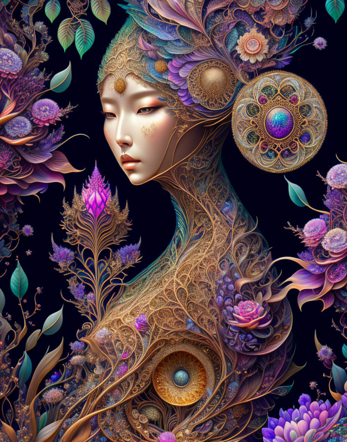 Stylized digital artwork of a golden woman with floral and peacock motifs