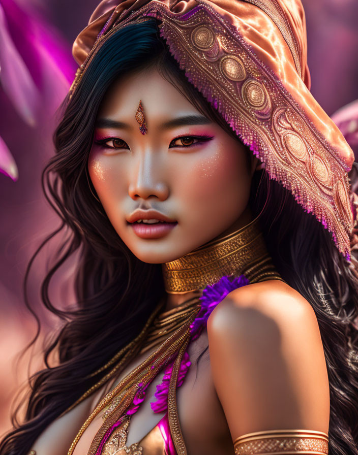 Fantasy woman in vibrant outfit against glowing purple background