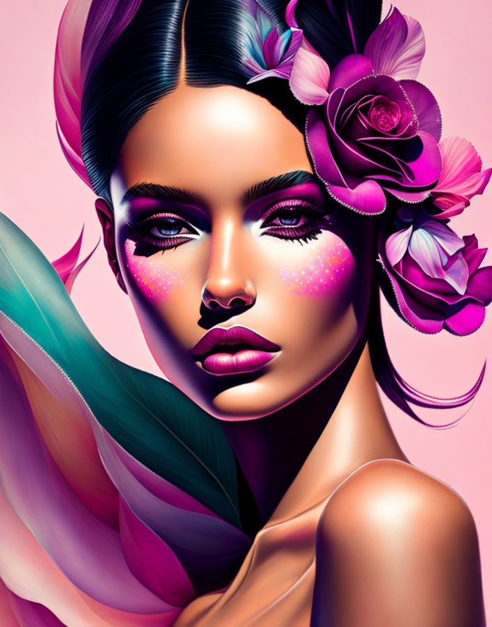 Stylized woman illustration with floral hair, pink and purple hues, glitter makeup