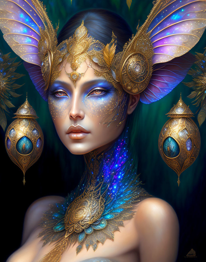 Fantastical female figure portrait with ornate gold headdress and cosmic skin