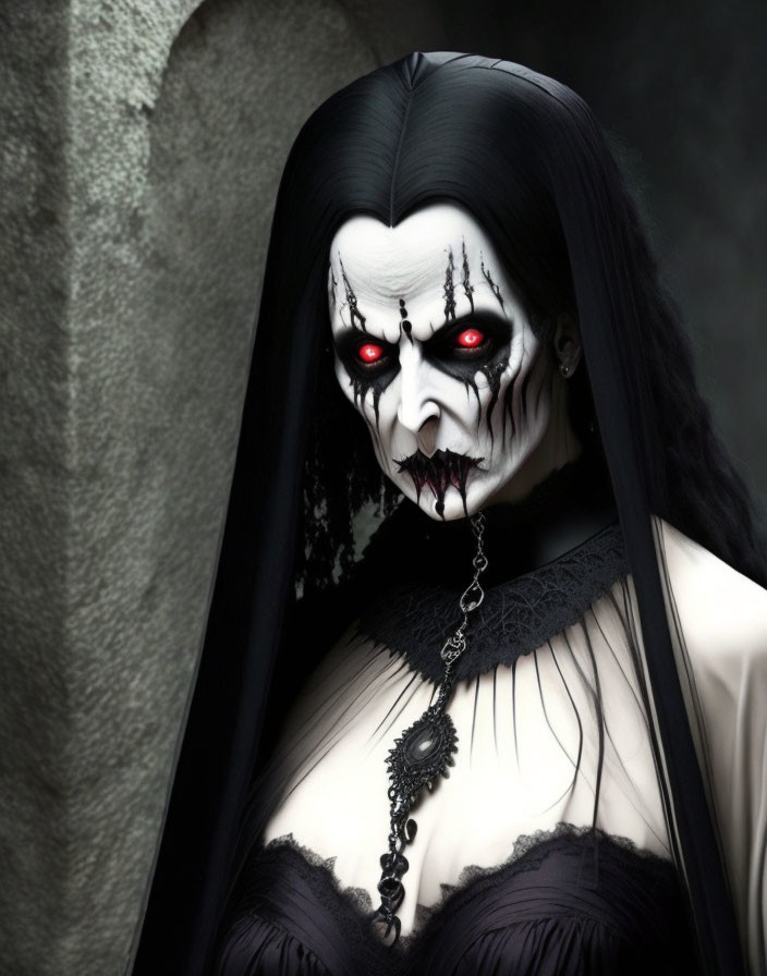 Gothic vampire with pale skin and red eyes in dark Victorian attire