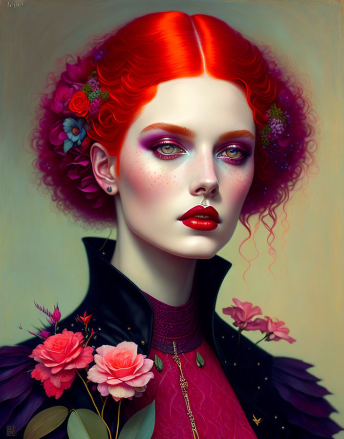 Woman with Bright Red Hair and Floral Adornments in Dark Outfit