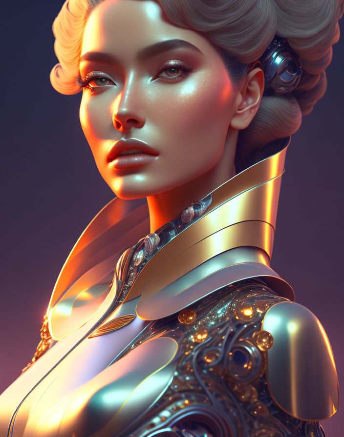 Futuristic woman in metallic armor with glowing skin and sophisticated hairstyle