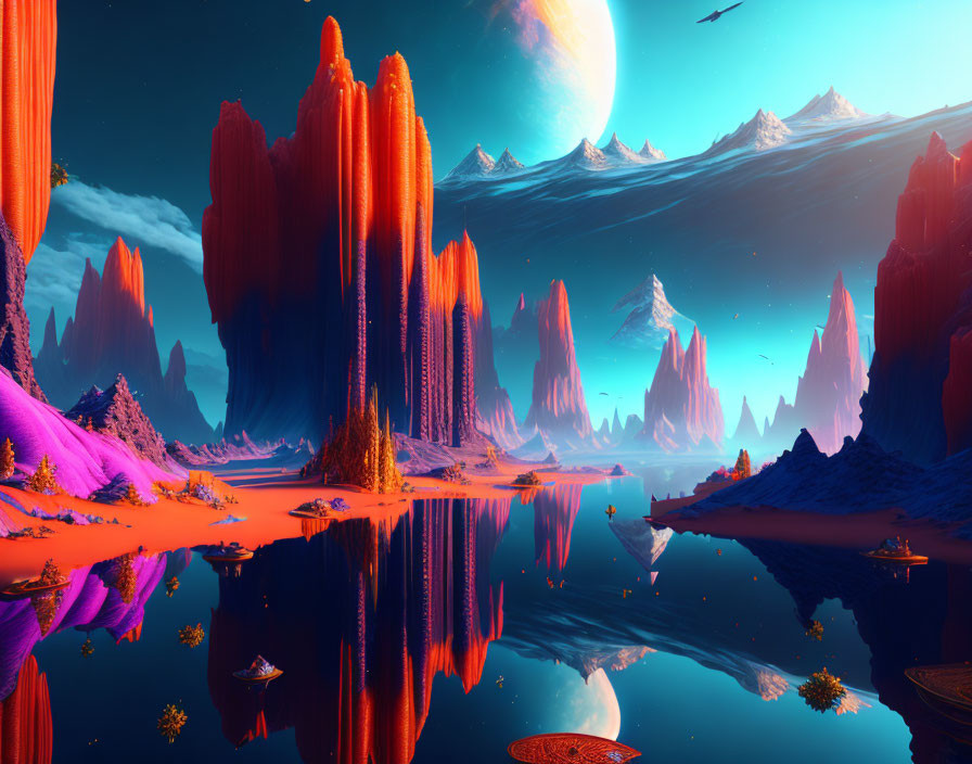 Alien landscape with orange rock formations, reflective water, surreal sky