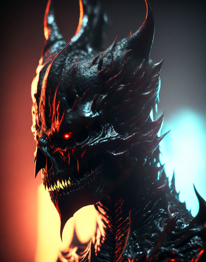 Black dragon with red eyes, sharp horns, and spiky scales under dramatic lighting