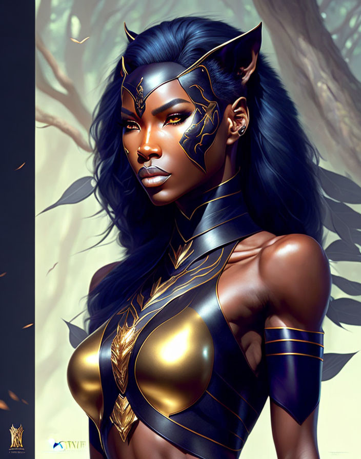 Digital artwork of woman in feline-themed armor against forest backdrop