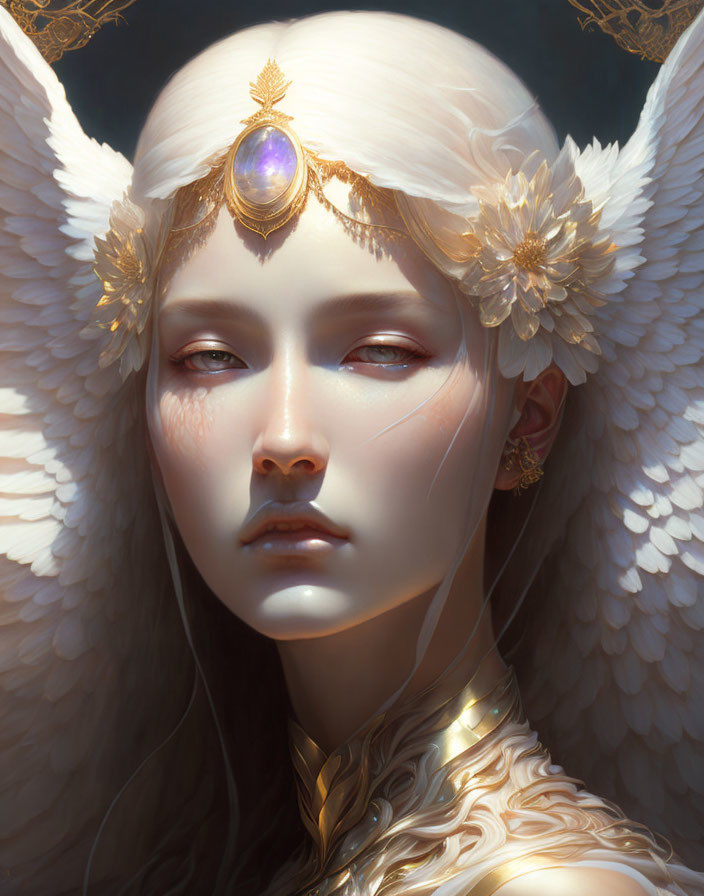 White-Haired Angel with Golden Adornments and Large Wings