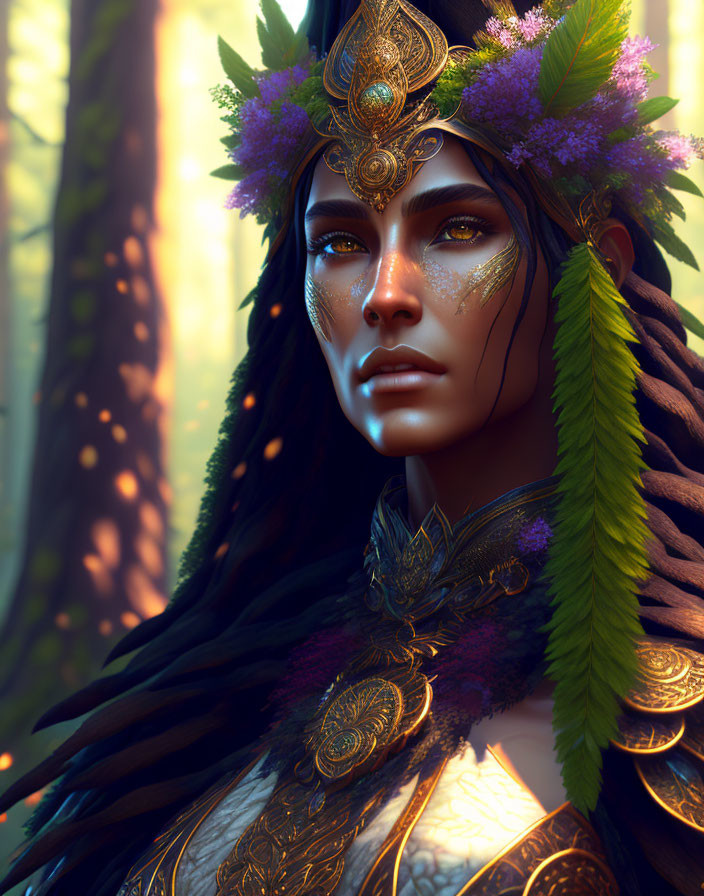 Female figure with gold and green headpiece and purple flowers in woodland setting