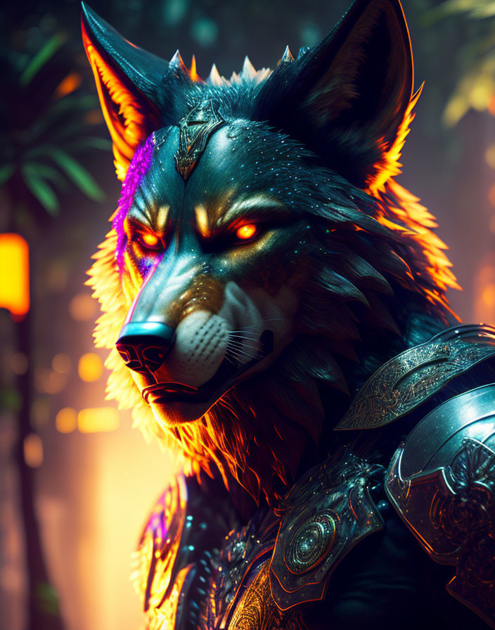 Detailed anthropomorphic wolf in vibrant armor in warm forest.