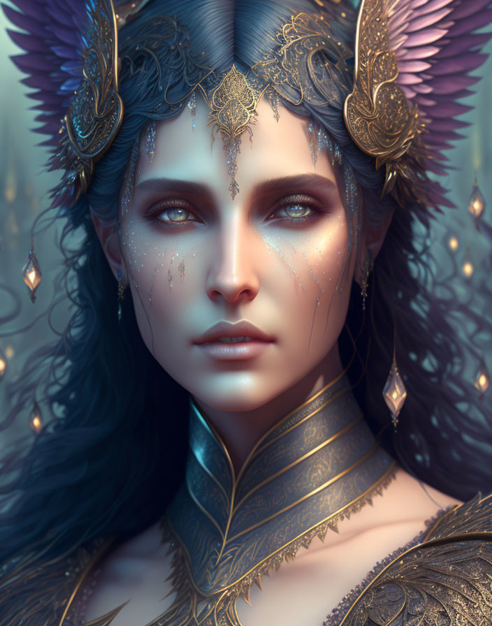 Fantasy female character with ornate feathered headwear and golden jewelry