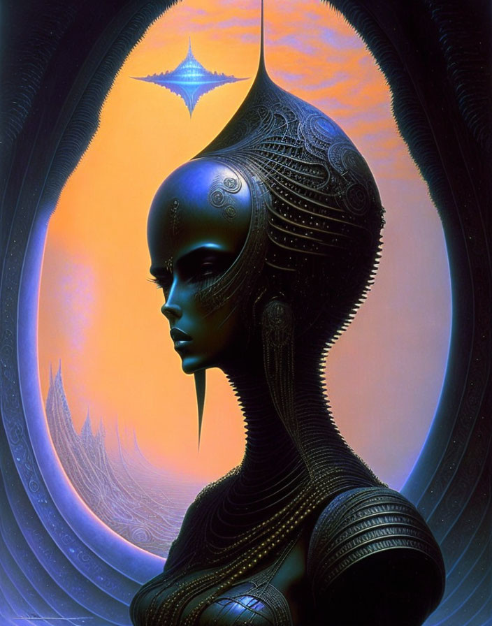 Abstract Alien Figure with Ornate Headpiece in Cosmic Background