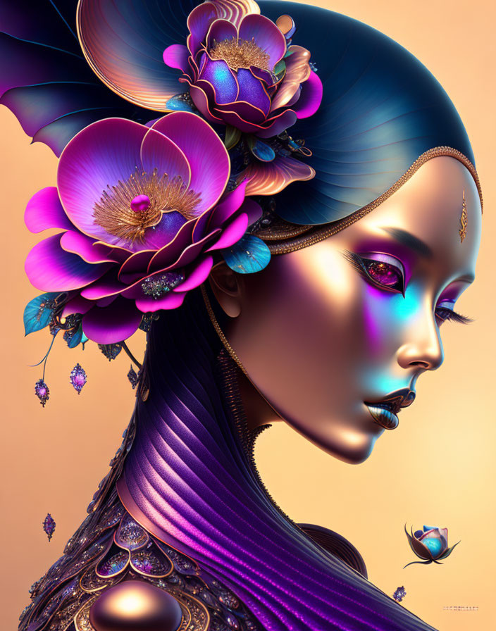 Stylized woman with floral decorations in purple and gold on peach background