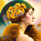 Vibrant woman illustration with floral hat and intricate designs