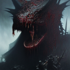 Dark fantasy creature with sharp horns and glowing red eyes in ominous setting