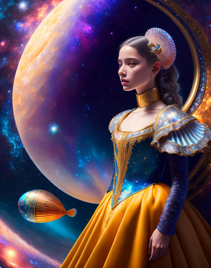 Regal woman in star-themed dress with cosmic background