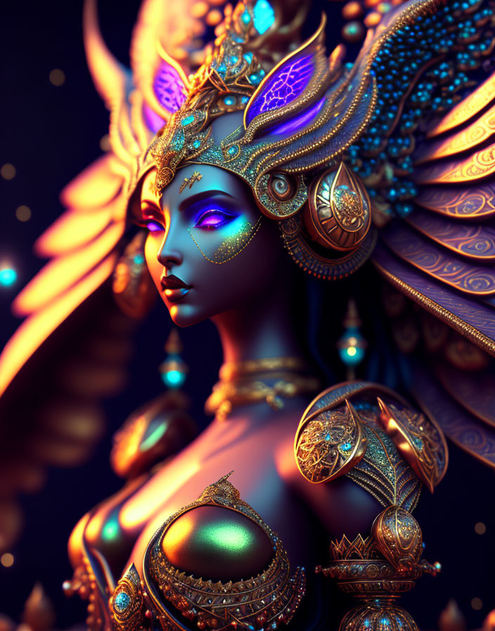 Detailed digital artwork: Female figure in gold and blue headdress and armor with feathers and gemstone details