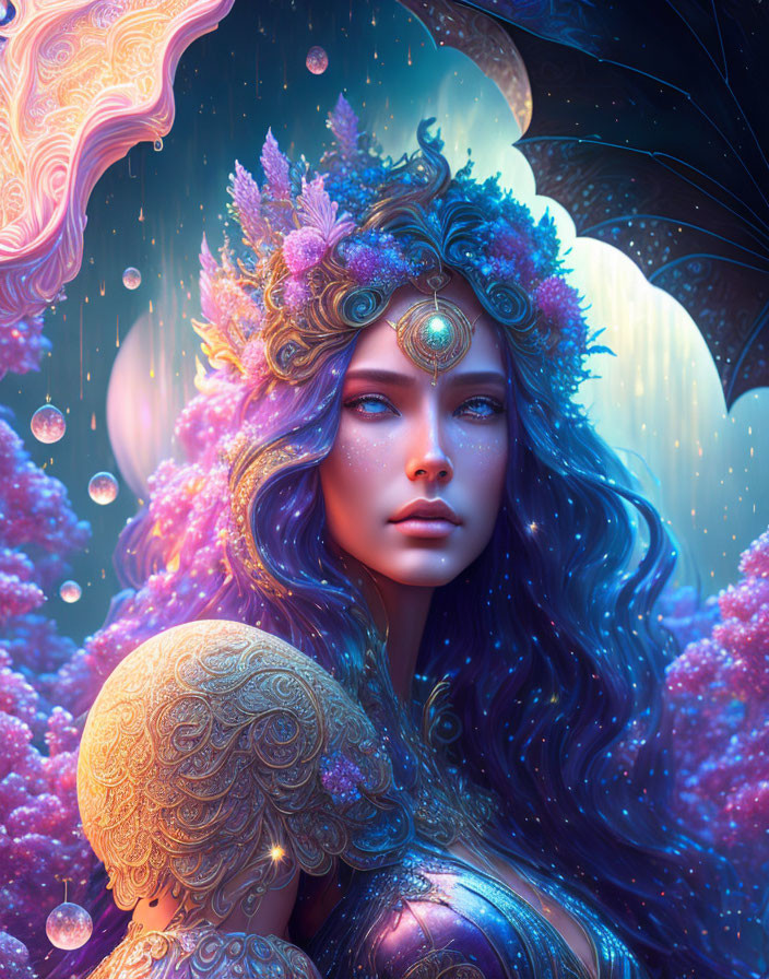 Fantasy portrait of woman with purple and gold headwear, glowing orbs, vibrant flora, dark umbrella