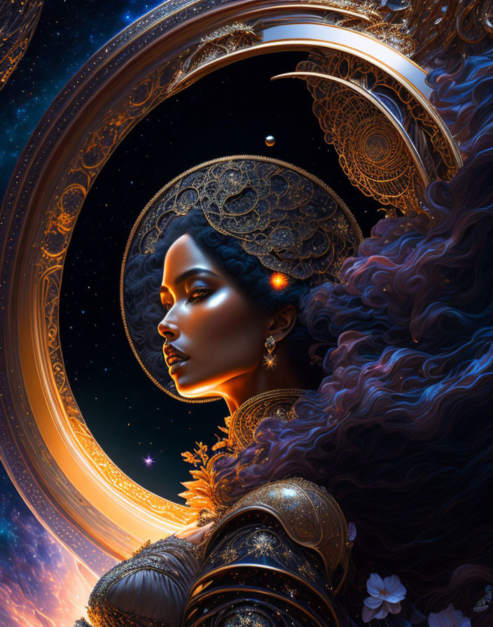 Digital artwork: Woman with golden headdress & cosmic background