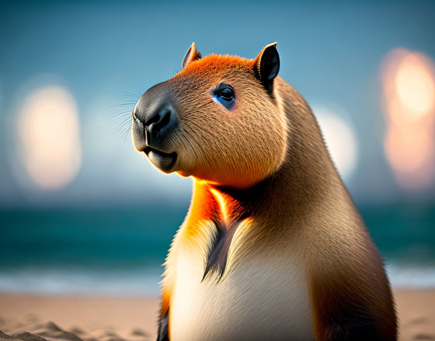 Capybara Sitting on Sand with Beach Background and Warm Light