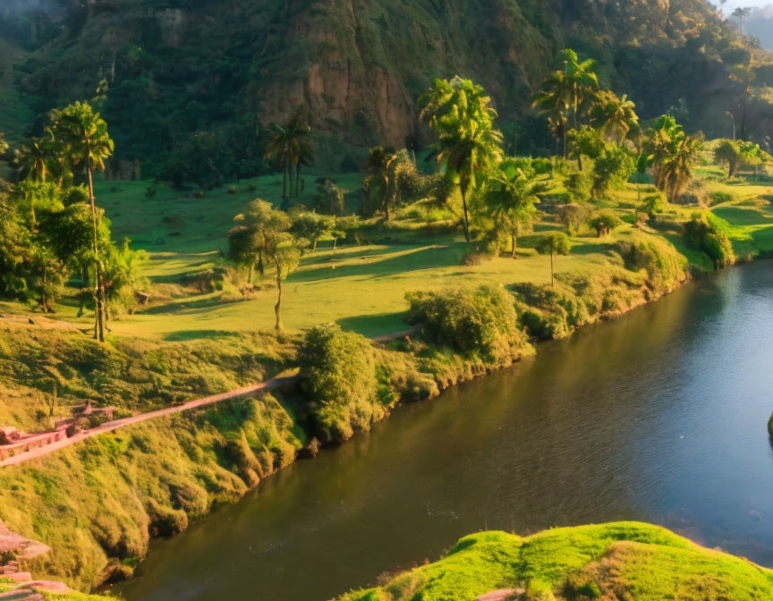 Scenic landscape: green fields, winding river, cliffs, and sunny path