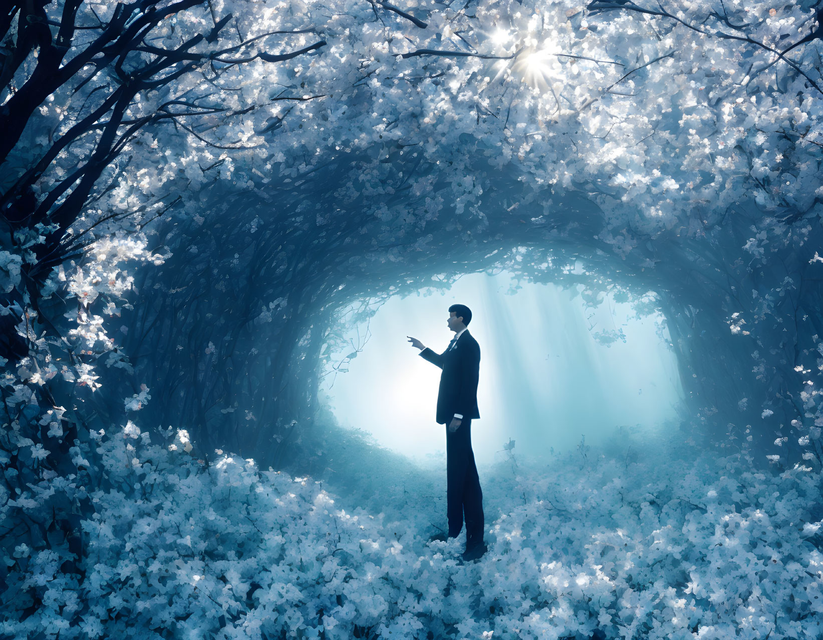 Man in Suit Standing Under Blooming White Flowers Archway