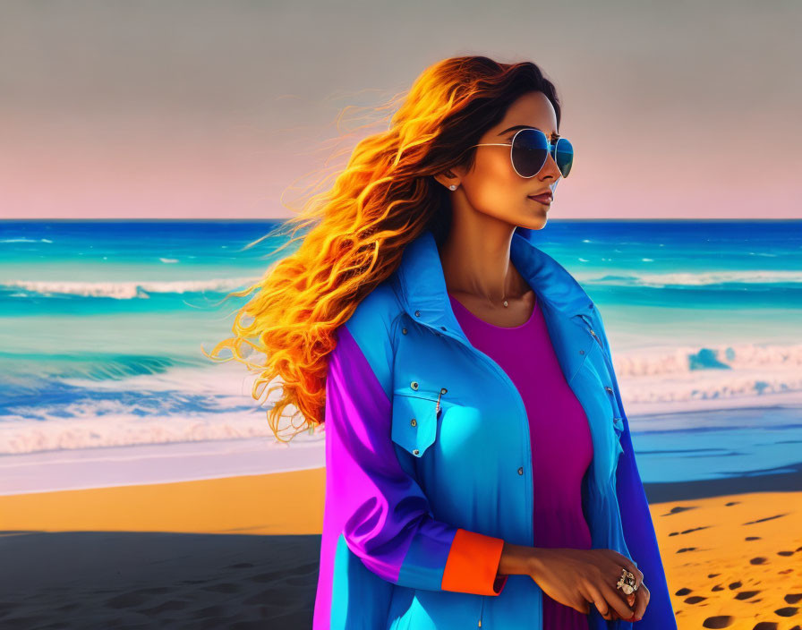 Stylish Woman with Flowing Hair in Sunglasses on Beach at Sunset