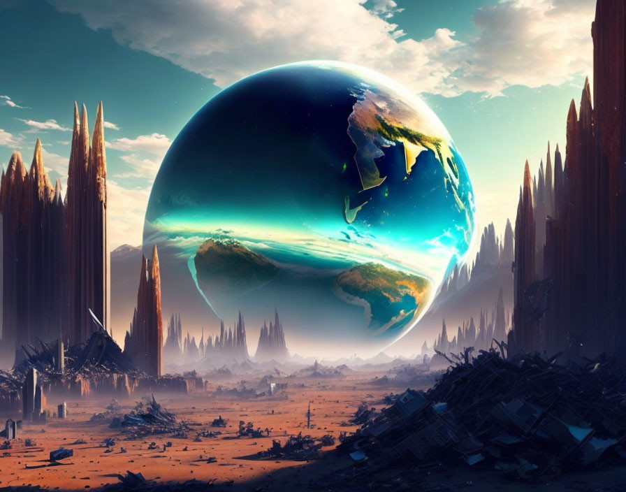 Surreal landscape with floating planets, crystal spires, and debris