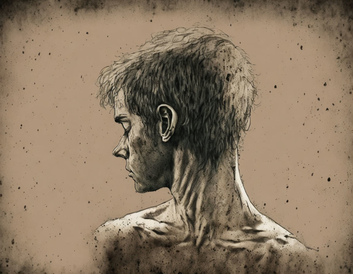 Detailed Profile Sketch of Contemplative Man with Shading & Textured Background