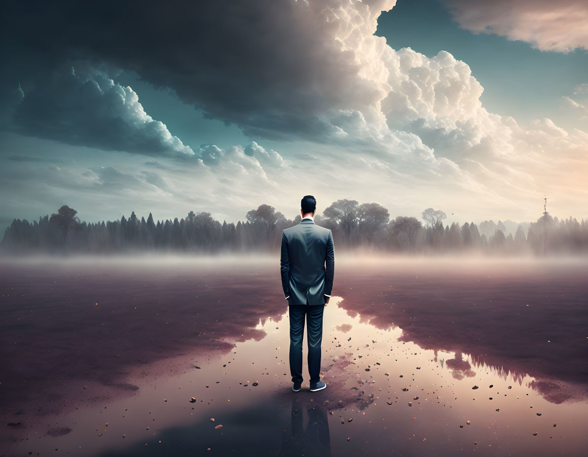 Man in suit standing by reflective water in misty landscape