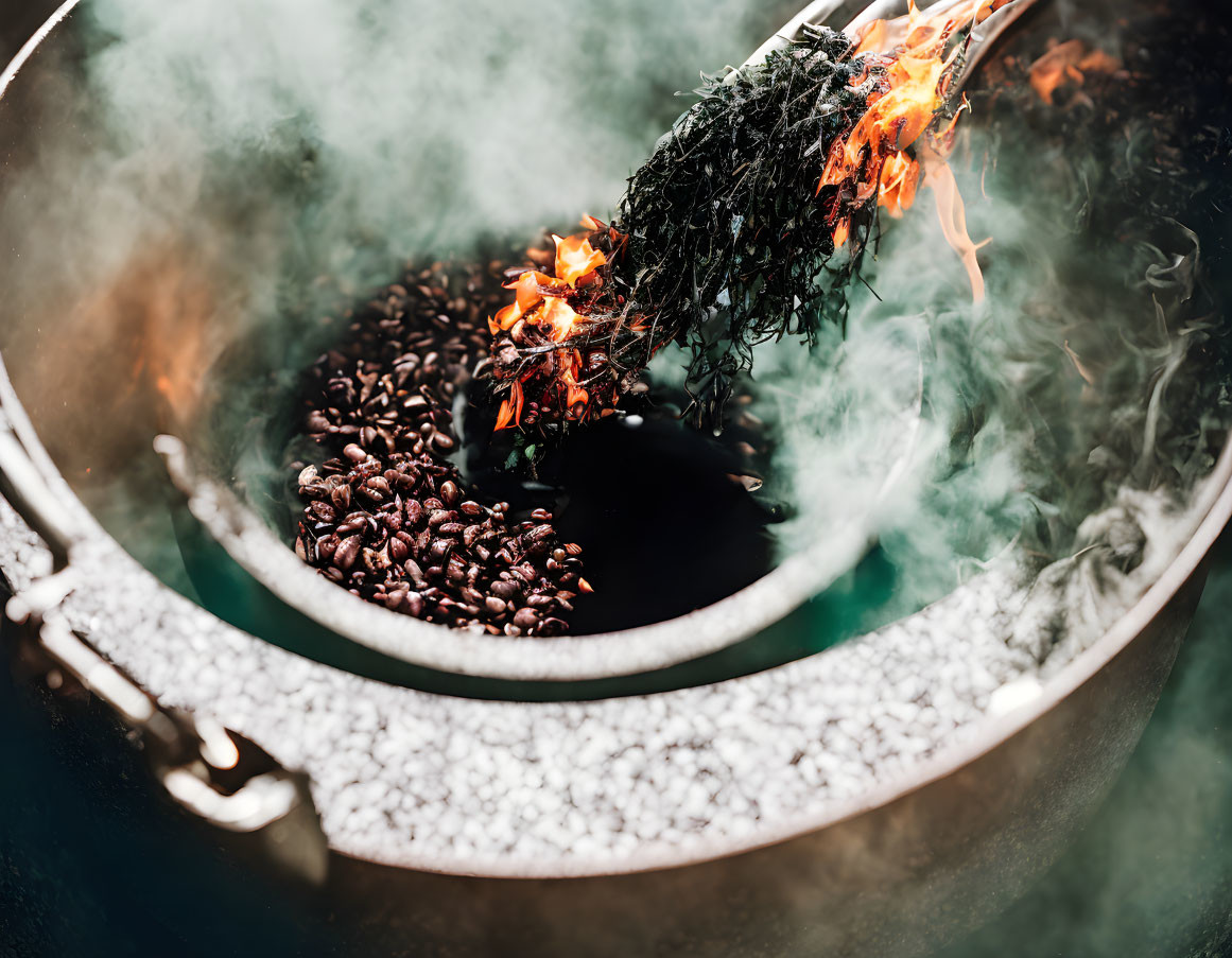 Herbs Burning Over Roasting Coffee Beans: Dramatic Smoke Effect