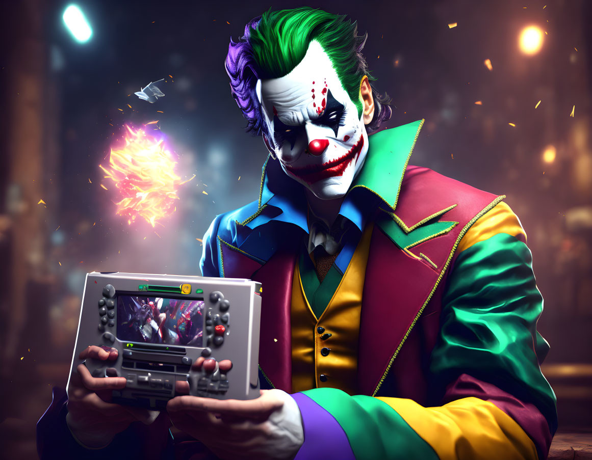 Cosplayer as Joker with colorful background and gaming device.