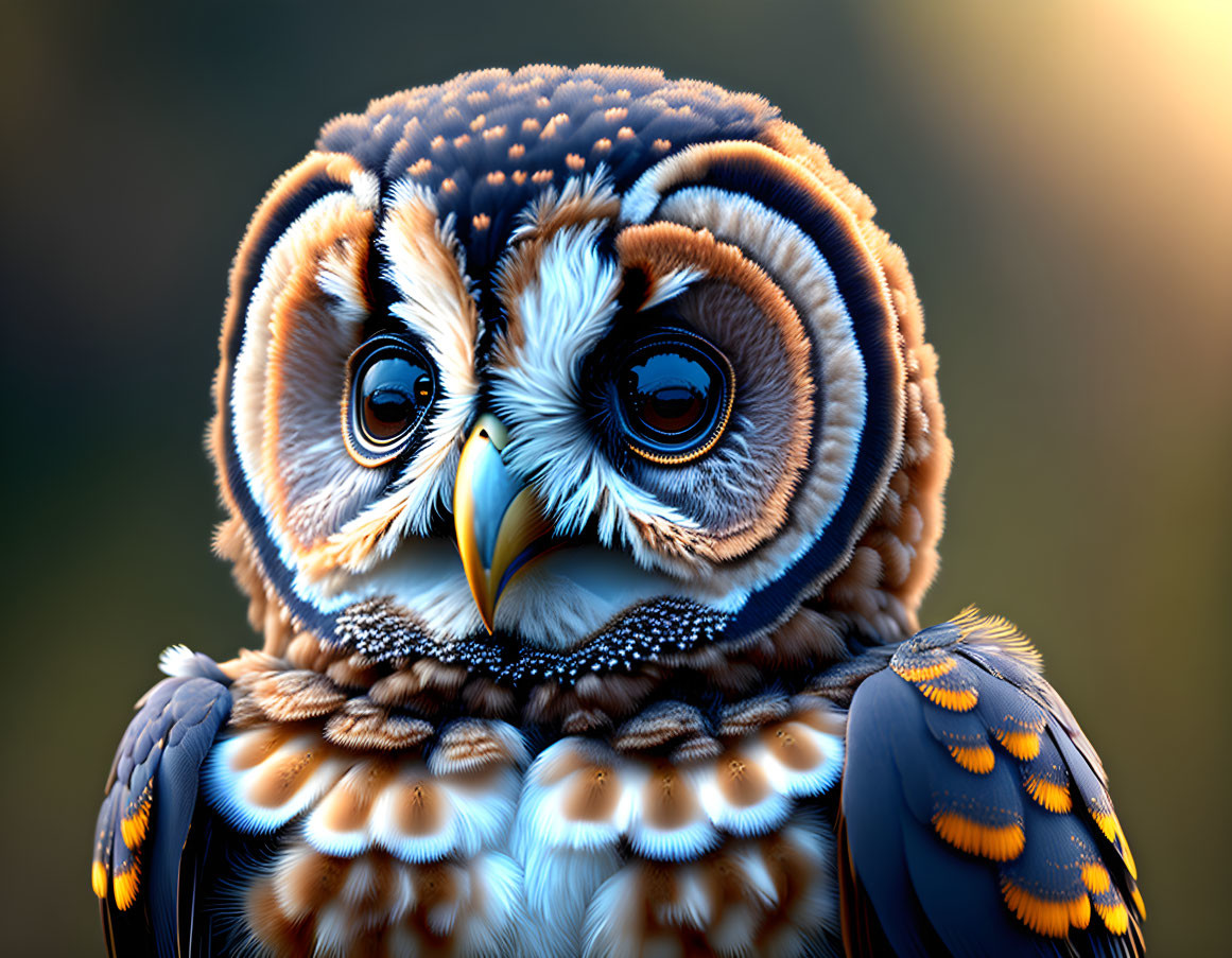 Detailed Stylized Owl Image with Bright Eyes and Feather Patterns