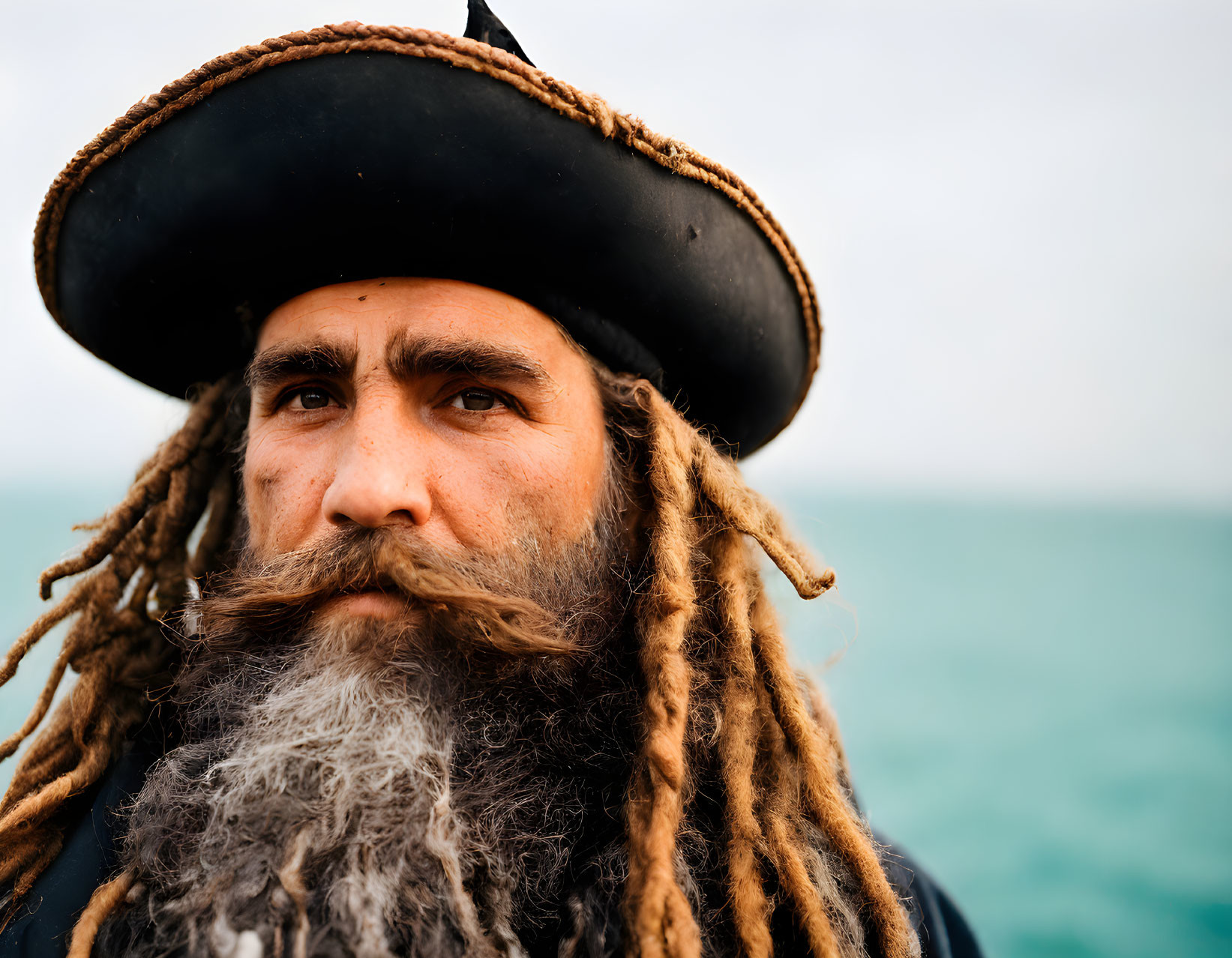 Weathered-faced man in pirate hat and dreadlocked beard gazes at sea.