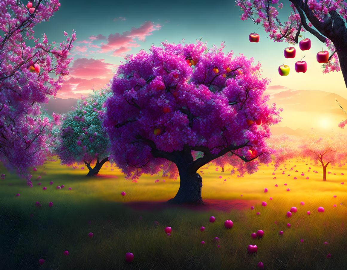 Colorful landscape with pink blossoming trees, floating apples, and surreal sunset sky.