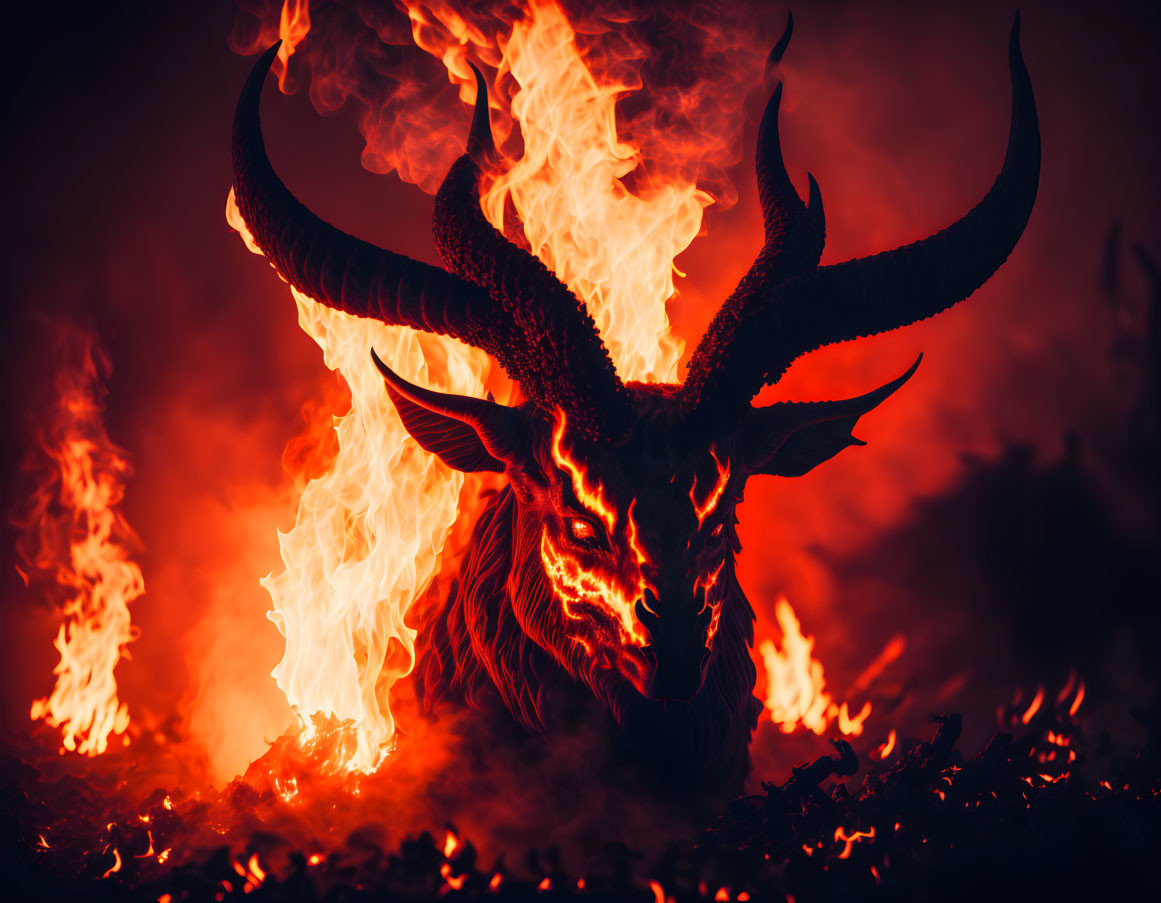 Fiery creature with horns in flames and embers