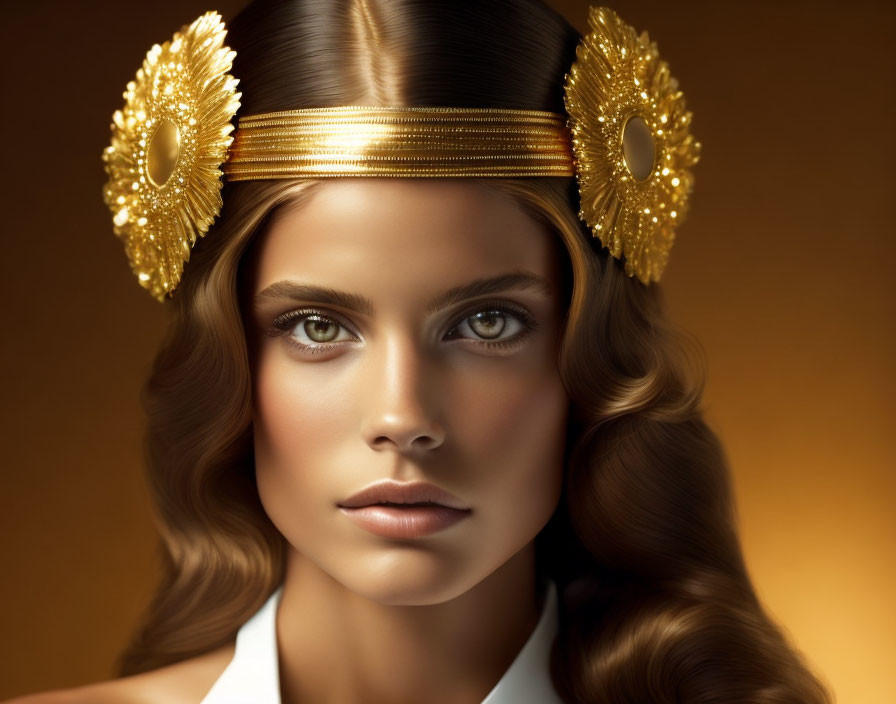 Striking Woman with Wavy Hair and Golden Sun Headband