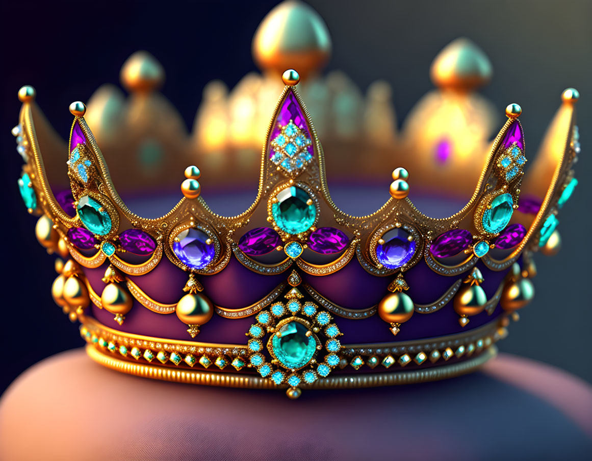 Luxurious Golden Crown with Pearls and Gems on Blurred Background