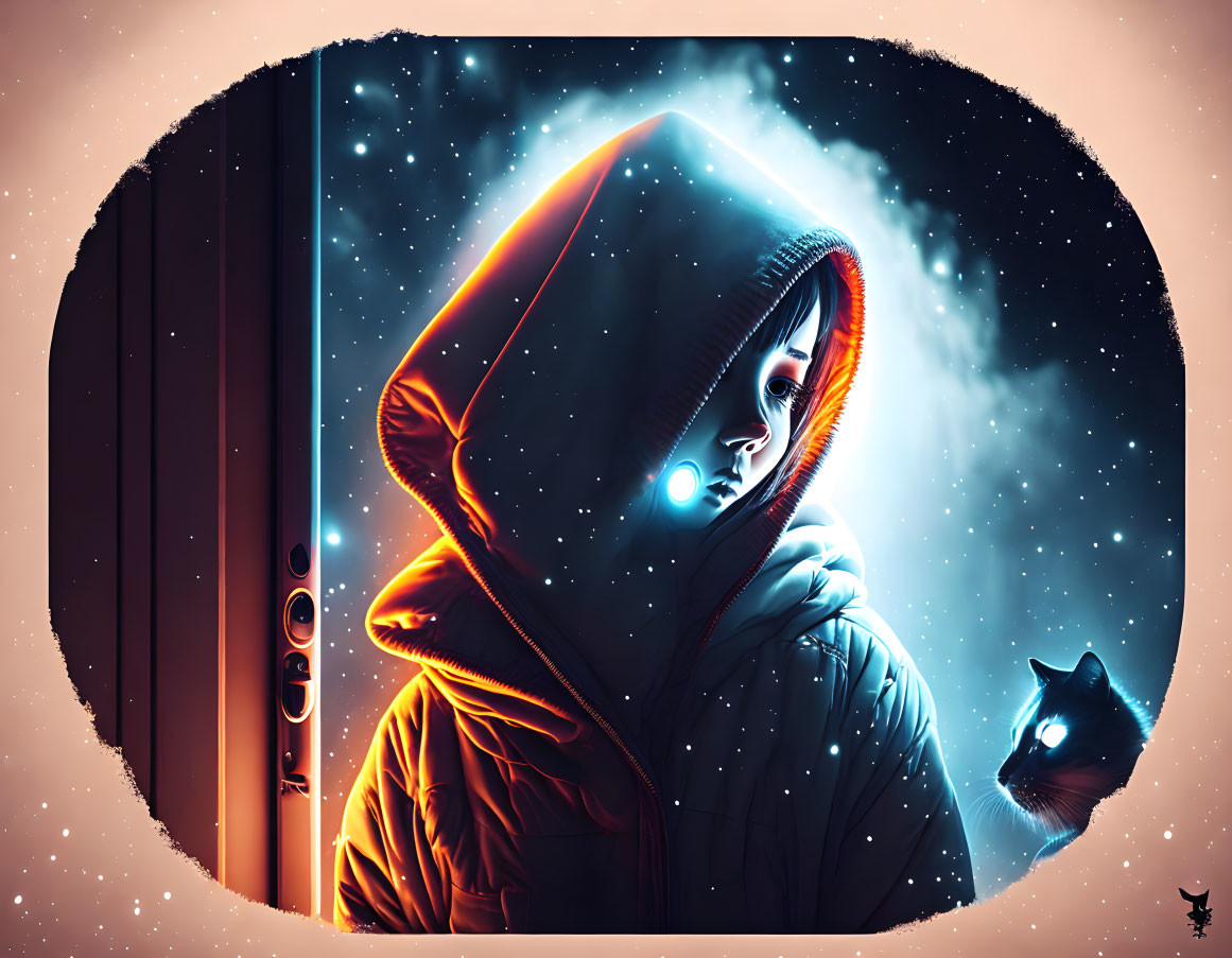 Hooded figure with glowing cat in cosmic setting