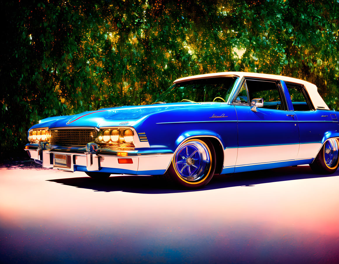 Vintage blue car with white-wall tires and chrome details against greenery background with colorful glow