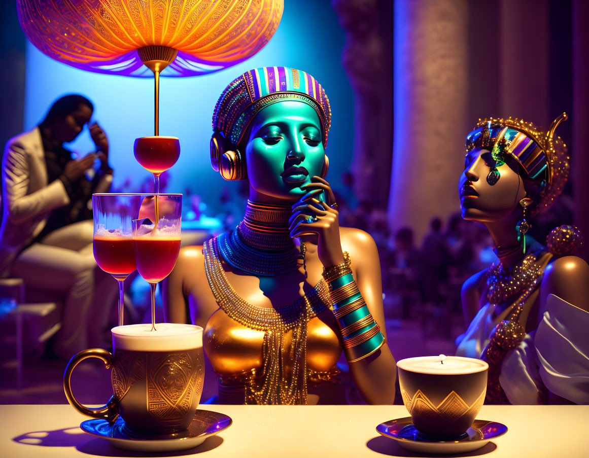 Futuristic Egyptian-like female figures in vibrant bar scene