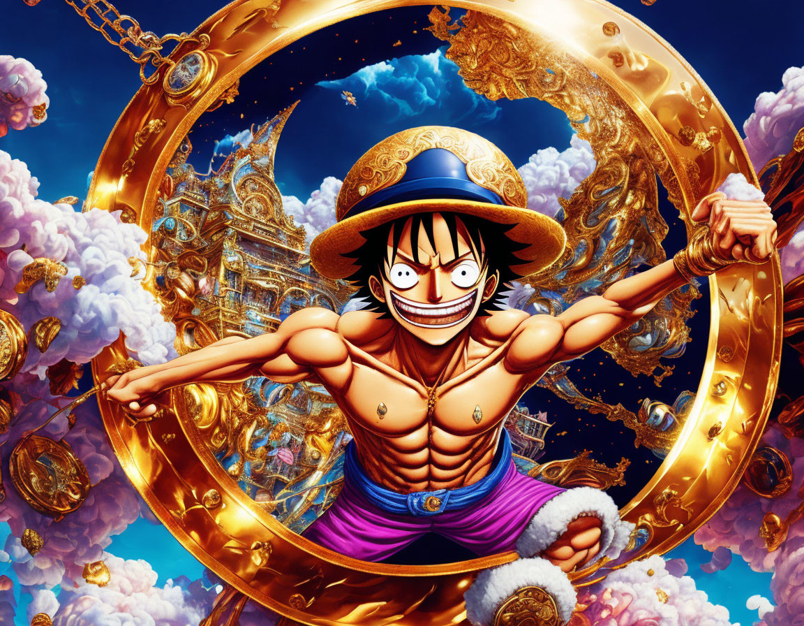 Cheerful animated character in straw hat against intricate golden frame