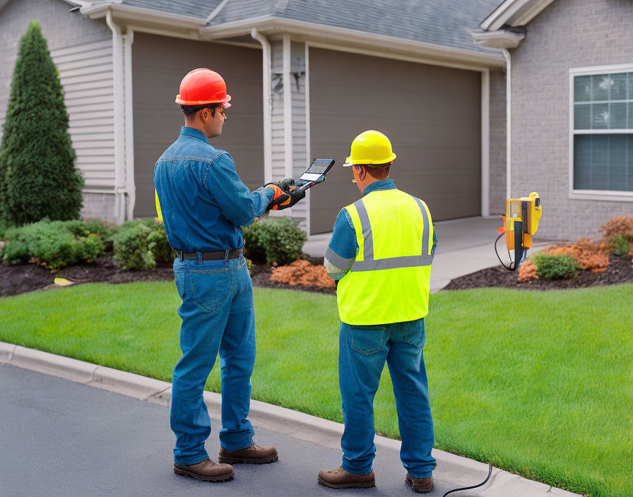 Construction workers in hard hats and high-visibility vests using survey equipment.