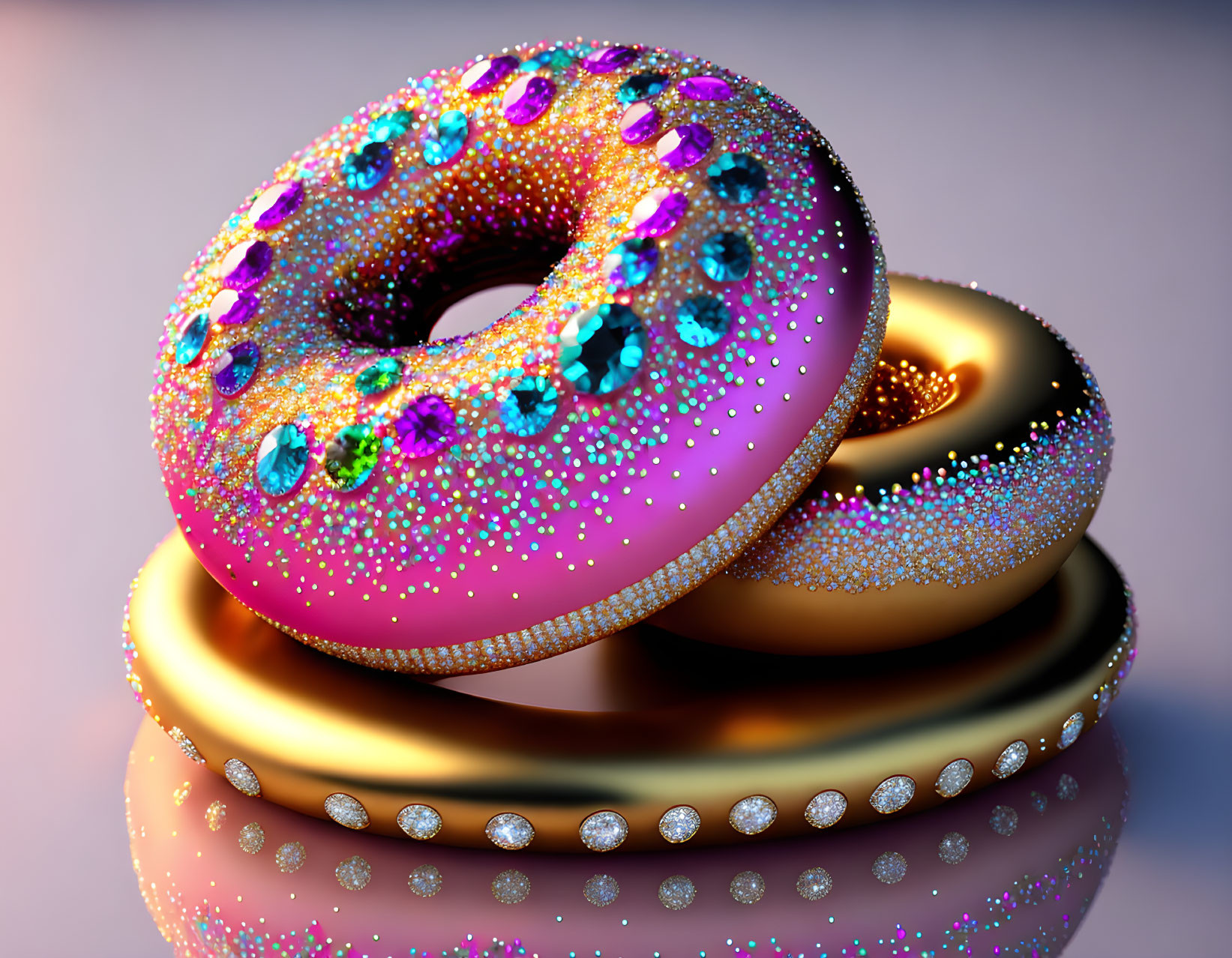 Stylized jewel-encrusted pink and gold doughnuts on pink background