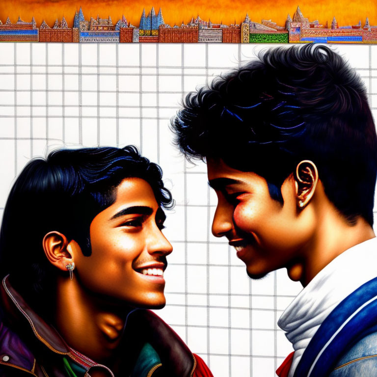 Affectionate pose of two smiling individuals against architectural backdrop